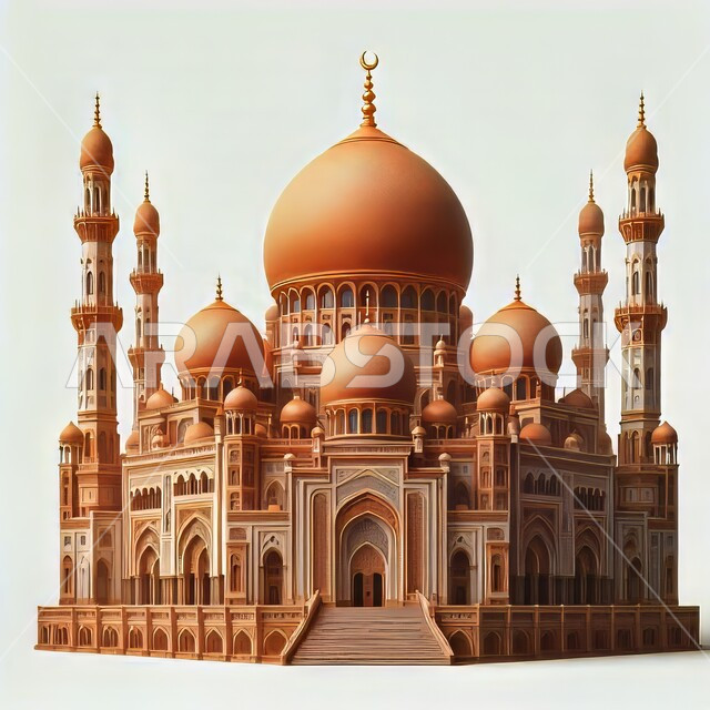 رسم توضيحي للمسجد الكبير المهيب، ديكورات وتصاميم اسلامية ثري دي، المآذن والقبب المزخرفة، الفن الهندسي المعماري، تصميم لجامع إسلامي على الطراز العريق، خلفية بيضاء