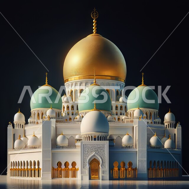 المآذن والقبب المزخرفة، ديكورات وتصاميم اسلامية ثري دي، رسم توضيحي للمسجد الكبير المهيب، الفن الهندسي المعماري، تصميم لجامع إسلامي على الطراز العريق، خلفية سوداء