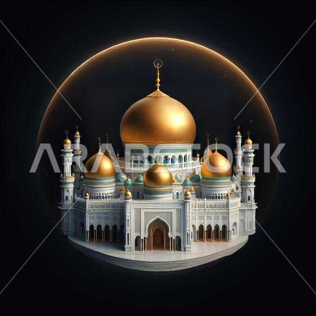 الفن الهندسي المعماري، المآذن والقبب المزخرفة، ديكورات وتصاميم اسلامية ثري دي، رسم توضيحي للمسجد الكبير المهيب، تصميم لجامع إسلامي على الطراز العريق، خلفية سوداء