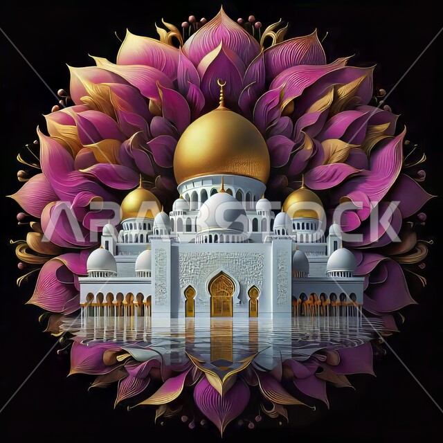 القبب والمآذن المزخرفة، الفن الهندسي المعماري، ديكورات وتصاميم اسلامية ثري دي، رسم توضيحي للمسجد الكبير المهيب المحاط بزهرة، تصميم لجامع إسلامي على الطراز العريق، خلفية سوداء