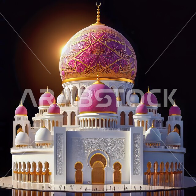 المآذن والقبب المزخرفة، ديكورات وتصاميم اسلامية ثري دي، رسم توضيحي للمسجد الكبير المهيب، الفن الهندسي المعماري، تصميم لجامع إسلامي على الطراز العريق، خلفية سوداء