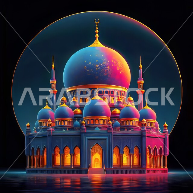 ديكورات وتصاميم اسلامية ثري دي، رسم توضيحي للمسجد الكبير المهيب، المآذن والقبب المزخرفة، الفن الهندسي المعماري، تصميم لجامع إسلامي على الطراز العريق، خلفية سوداء