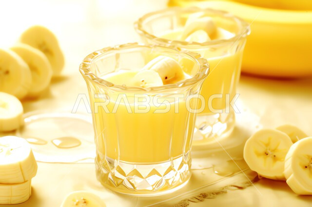 مشروبات فواكه موسمية منعشة، محاصيل زراعية وثمار وطنية محلية سعودية، كأس من عصير فاكهة الموز اللذيذة، مشاريب صحية ومفيدة ومغذية، كوكتيلات وعصائر طبيعية باردة شهية