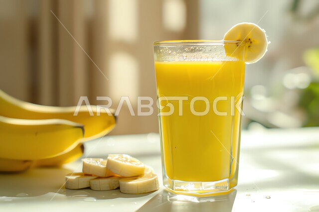 مشروبات فواكه موسمية منعشة، محاصيل زراعية وثمار وطنية محلية سعودية، كأس من عصير فاكهة الموز اللذيذة، مشاريب صحية ومفيدة ومغذية، كوكتيلات وعصائر طبيعية باردة شهية
