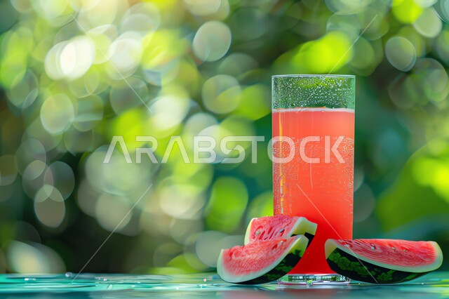 مشروبات فواكه موسمية منعشة، محاصيل زراعية وثمار وطنية محلية سعودية، كأس من عصير فاكهة البطيخ الأحمر اللذيذة، مشاريب صحية ومفيدة ومغذية، عصائر صيفية طبيعية باردة شهية