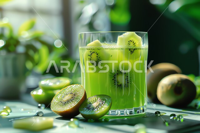 Healthy, useful and nutritious drinks, delicious cold natural juices, refreshing seasonal fruit drinks, agricultural crops and local Saudi national fruits, a cup of delicious kiwi fruit juice.