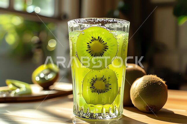 A cup of delicious kiwi fruit juice, healthy, beneficial and nutritious drinks, delicious cold natural juices, refreshing seasonal fruit drinks, agricultural crops and local Saudi national fruits.