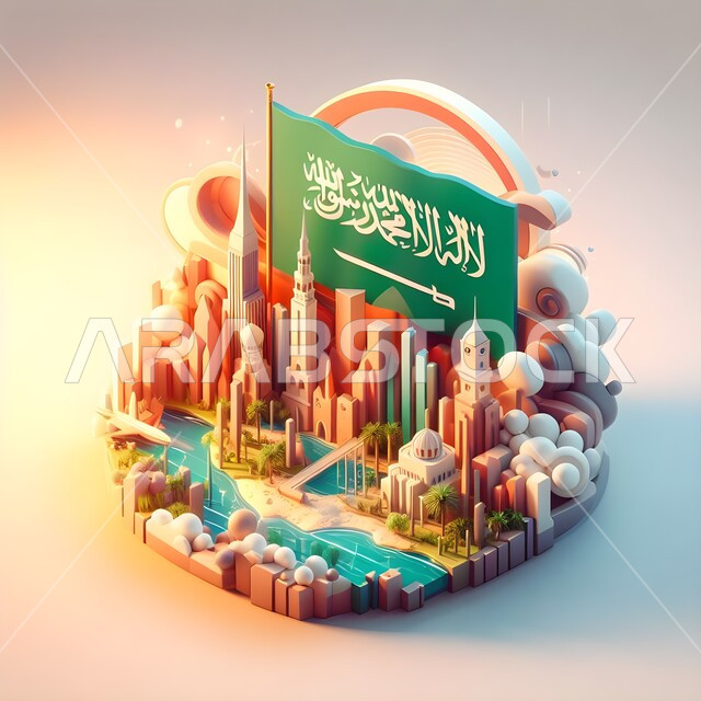 راية التوحيد والإسلام، يوم العلم 11 مارس، أيقونة ثلاثية الأبعاد لعلم المملكة على اشكال مختلفة، لا اله الا الله محمد رسول الله, الاحتفال بالعيد الوطني 23 سبتمبر, الشعار السعودي باللون الأخضر, خلفية ملونة
