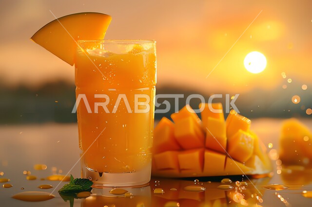 Healthy, useful and nutritious drinks, delicious cold natural juices, refreshing seasonal fruit drinks, agricultural crops and local Saudi national fruits, a cup of delicious mango fruit juice.