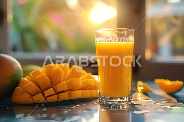 كأس من عصير فاكهة المانجو اللذيذة، مشاريب صحية ومفيدة ومغذية، عصائر طبيعية باردة شهية، مشروبات فواكه موسمية منعشة، محاصيل زراعية وثمار وطنية محلية سعودية