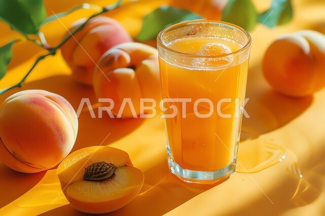 مشاريب طبيعية باردة شهية، مشروبات فواكه موسمية منعشة، محاصيل زراعية وثمار وطنية محلية سعودية، كأس من عصير فاكهة الخوخ اللذيذة، عصائر صحية ومفيدة ومغذية