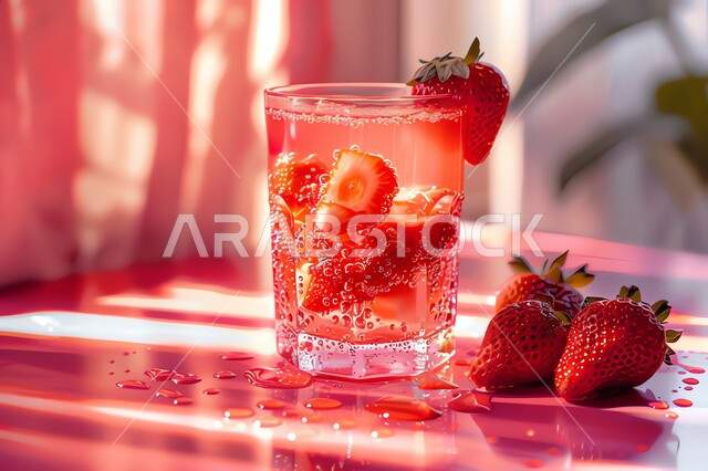 مشاريب طبيعية باردة شهية، مشروبات فواكه موسمية منعشة، محاصيل زراعية وثمار وطنية محلية سعودية، كأس من عصير فاكهة الفراولة اللذيذة، عصائر صحية ومفيدة ومغذية