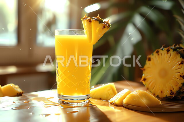 مشاريب طبيعية باردة شهية، ثمار ومحاصيل زراعية وطنية محلية سعودية، مشروبات فواكه موسمية منعشة، كأس من عصير فاكهة الأنانس اللذيذة، عصائر صحية ومفيدة ومغذية