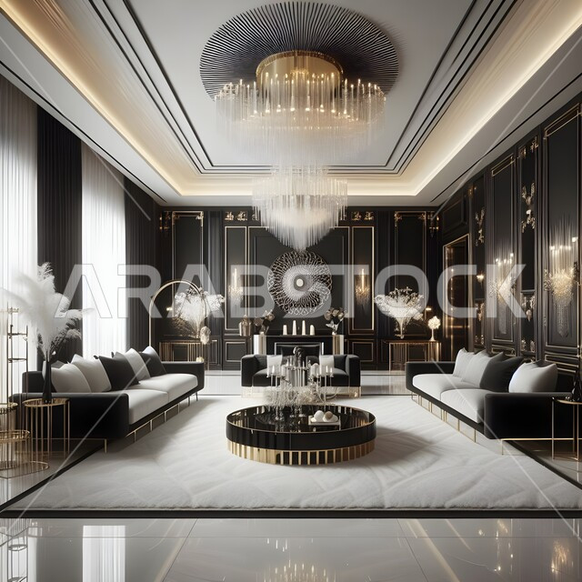 غرفة معيشة بتصاميم عصرية حديثة، ديكورات داخلية متميزة بألوان داكنة, نوافذ وواجهات زجاجية، غرفة جلوس بأثاث منزلي راقي، تصميمات فاخرة للفلل و القصور السكنية