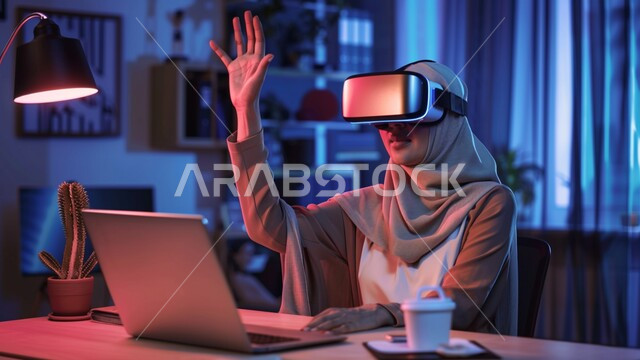 محاكاة العالم الخيالي، استخدام الأجهزة والتفنيات الحديثة المتطورة، فتاة عربية خليجية سعودية ترتدي الحجاب ونظارات الفي آر تجلس على مكتبها امام الحاسوب المحمول ترفع يدها الى الاعلى، التحول الرقمي والتقدم التقني، تعابير وايماءات الاندماج والتركيز في الواقع الافتراضي