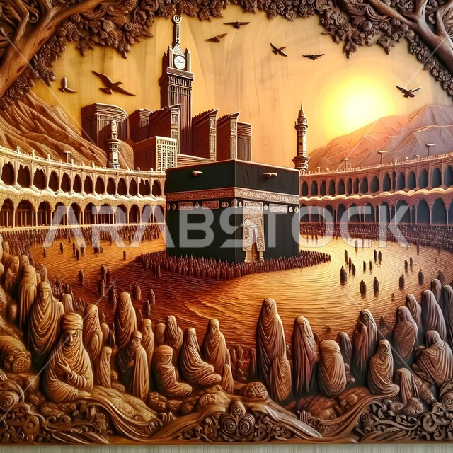 منحوتات وديكورات خشبية جدارية، مبنى برج الساعة الملكي، نحت خشبي لطواف الحجاج حول الكعبة المشرفة في مكة المكرمة وقت الغروب، معالم دينية مقدسة في المملكة العربية السعودية