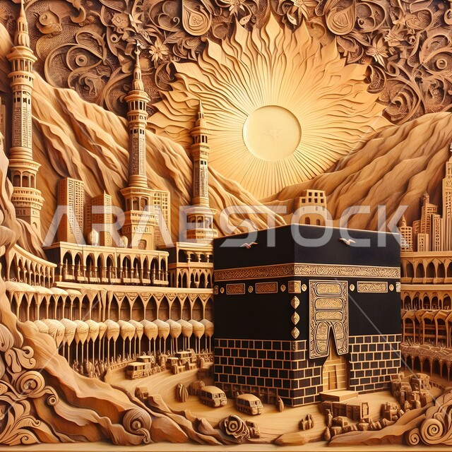 مبنى برج الساعة الملكي، نحت خشبي للكعبة المشرفة في مكة المكرمة وقت الغروب، منحوتات وديكورات خشبية جدارية، معالم دينية مقدسة في المملكة العربية السعودية