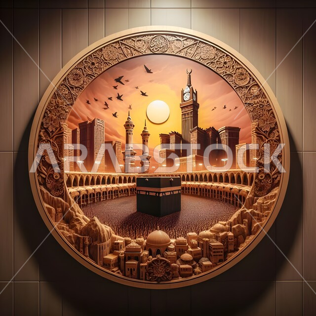 لوحات وديكورات خشبية جدارية، مبنى برج الساعة الملكي، نحت خشبي للكعبة المشرفة في مكة المكرمة وقت الغروب داخل اطار دائري، معالم دينية مقدسة في المملكة العربية السعودية