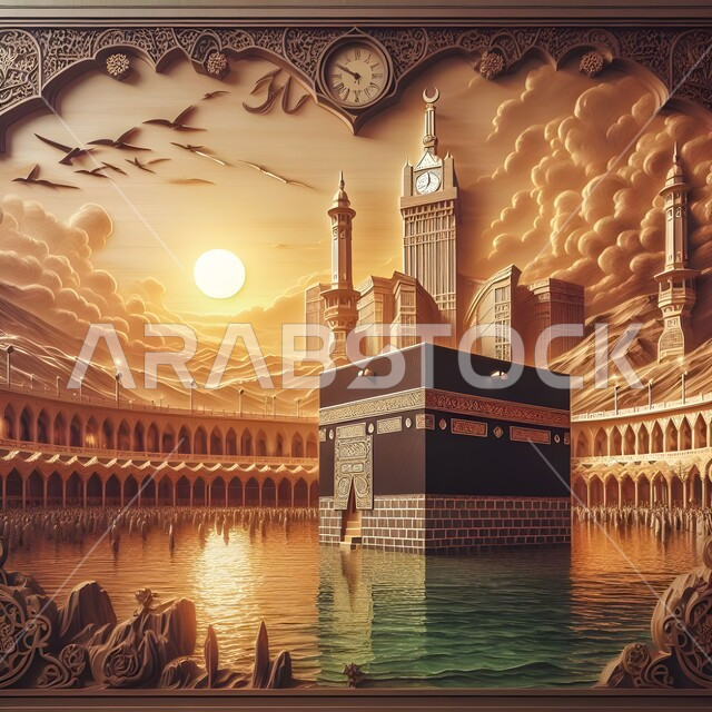 معالم دينية مقدسة في المملكة العربية السعودية, مبنى برج الساعة الملكي، نحت خشبي للكعبة المشرفة في مكة المكرمة وقت الغروب، منحوتات وديكورات خشبية جدارية