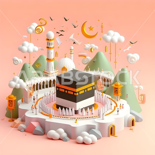 مآذن المسجد النبوي الشريف، أيقونات ثلاثية الأبعاد للكعبة المشرفة في مكة المكرمة، العبادة والتقرب إلى الله، معالم دينية مقدسة في المملكة العربية السعودية, خلفية ملونة