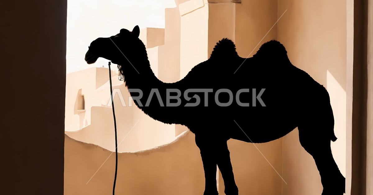 Silhouette of a camel standing in a traditional mud house in the ...