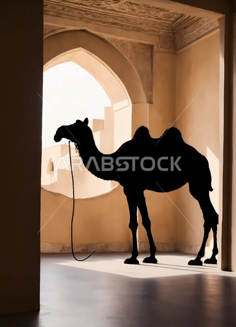 Silhouette of a camel standing in a traditional mud house in the Kingdom of Saudi Arabia, sand dunes and desert areas, the concept of caring for livestock and mammals, desert landscapes, interest in raising camels and camels, Salwait