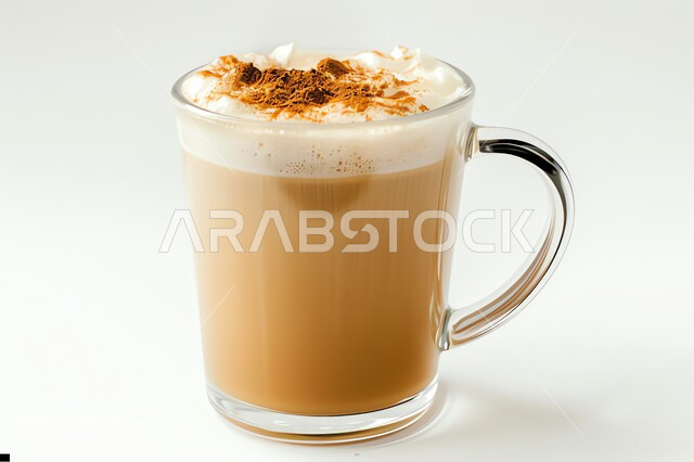 مشروب الكابتشينو الساخن، كوب من القهوة برغوة كثيفة مع رسومات، مشروبات ساخنة لذيذة ، قهوة اسبرسو المليئة بالكافيين، كافيهات ومطاعم في السعودية, خلفية بيضاء