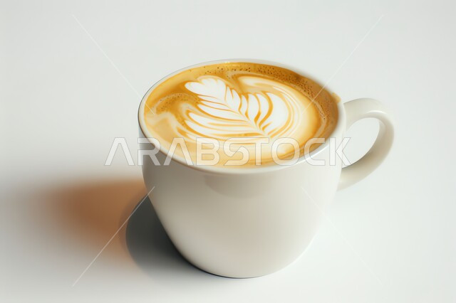 كوب من القهوة برغوة كثيفة مع رسومات، مشروب الكابتشينو الساخن، مشروبات ساخنة لذيذة ، قهوة اسبرسو المليئة بالكافيين، كافيهات ومطاعم في السعودية, خلفية بيضاء