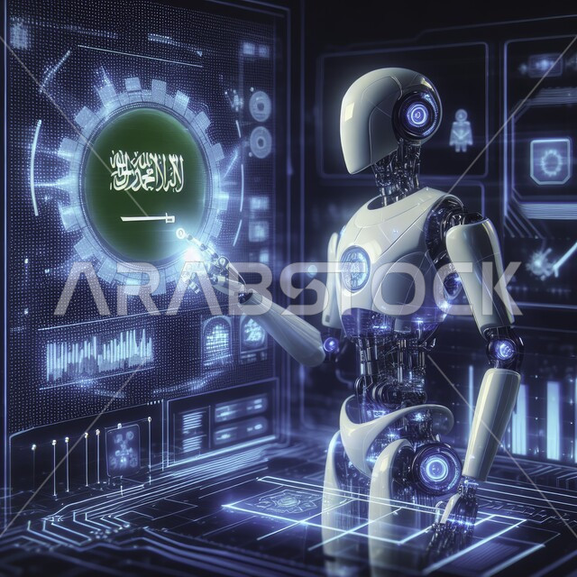 Three-dimensional designs for future robots, achieving the industrial revolution and digital transformation, Saudi Vision 2030, a close-up of a modern and advanced robot with high technologies standing in front of illuminated electronic screens, the background of the Saudi flag