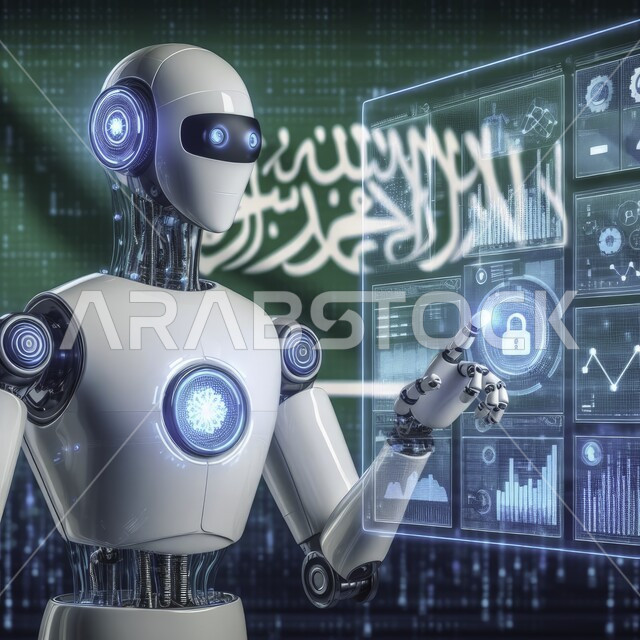 Three-dimensional designs for future robots, achieving the industrial revolution and digital transformation, Saudi Vision 2030, a close-up of a modern and advanced robot with high technologies standing in front of illuminated electronic screens, the background of the Saudi flag