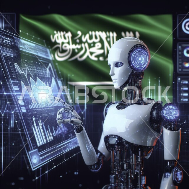 Three-dimensional designs for future robots, achieving the industrial revolution and digital transformation, Saudi Vision 2030, a close-up of a modern and advanced robot with high technologies standing in front of illuminated electronic screens, the background of the Saudi flag