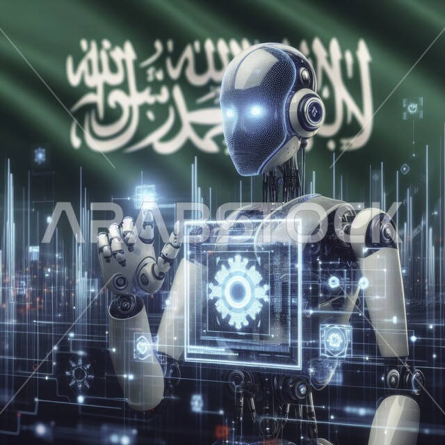 تصاميم ثلاثية الأبعاد لروبوتات المستقبل، تحقيق الثورة الصناعية والتحول الرقمي، رؤية السعودية 2030، لقطة مقربة لروبوت حديث ومتطور بتقنيات عالية يقف امام الشاشات الالكترونية المضيئة، خلفية العلم السعودي
