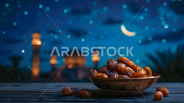 منتجات ومحاصيل زراعية محلية سعودية وطنية، وعاء نحاسي مزخرف مليء بحبات التمر الطازجة، تمور صحية لذيذة، ضيافة رمضانية شهية، وجبة غذائية عالية الأهمية، غذاء صحي ومفيد، خلفية المساجد الاسلامية