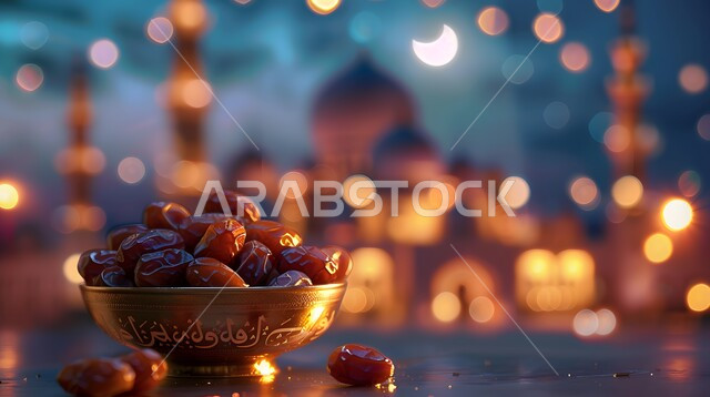  وعاء نحاسي مزخرف مليء بحبات التمر الطازجة، تمور صحية لذيذة، ضيافة رمضانية شهية، وجبة غذائية عالية الأهمية، منتجات ومحاصيل زراعية محلية سعودية وطنية، غذاء صحي ومفيد، خلفية المساجد الاسلامية