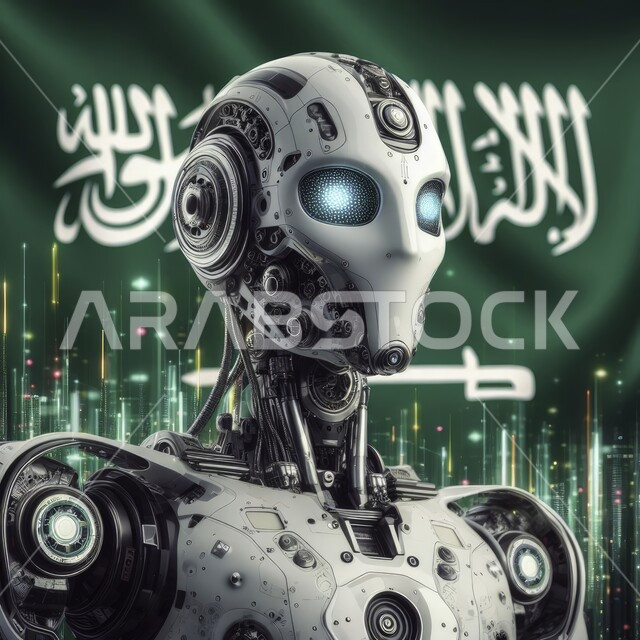 The concept of advanced technology and technology, three-dimensional designs for future robots, achieving the industrial revolution and digital transformation, Saudi Vision 2030, a close-up of an advanced robot with high technologies standing straight and looking forward, the background of the Saudi flag