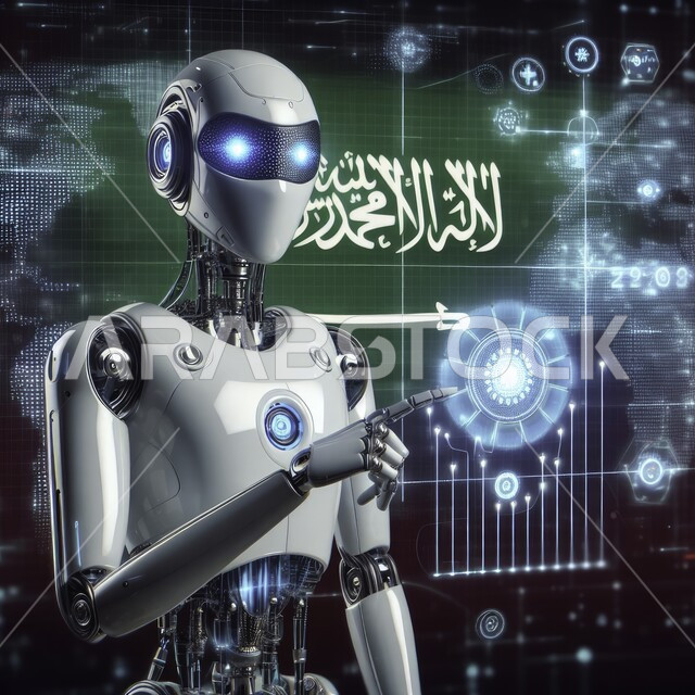 رؤية السعودية 2030، تصاميم ثلاثية الأبعاد لروبوتات المستقبل، تحقيق الثورة الصناعية والتحول الرقمي، لقطة مقربة لروبوت حديث ومتطور بتقنيات عالية يقف امام الشاشات الالكترونية المضيئة، خلفية العلم السعودي