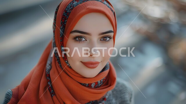 النظر الى الكاميرا بايماءات السرور والثقة بالنفس، صورة مقربة لامرأة عربية خليجية سعودية مبتسمة ترتدي الحجاب، حجابات نسائية عصريه حديثه، مفهوم الأنوثة والنعومة والاهتمام بالمظهر الخارجي
