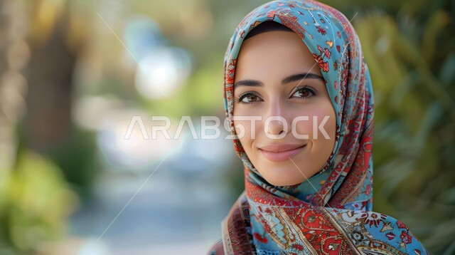 مفهوم الأنوثة والنعومة والاهتمام بالمظهر الخارجي، النظر الى الكاميرا بايماءات السرور والثقة بالنفس، صورة مقربة لامرأة عربية خليجية سعودية مبتسمة ترتدي الحجاب، حجابات نسائية عصريه حديثه