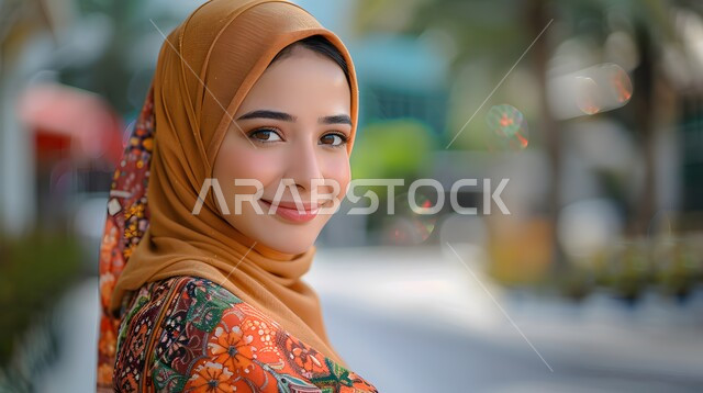 حجابات نسائية عصريه حديثه، مفهوم الأنوثة والنعومة والاهتمام بالمظهر الخارجي، النظر الى الكاميرا بايماءات السرور والثقة بالنفس، صورة مقربة لامرأة عربية خليجية سعودية مبتسمة ترتدي الحجاب