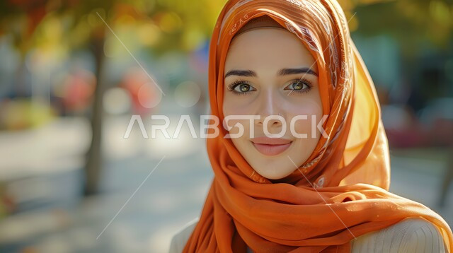 Looking at the camera with gestures of pleasure and self-confidence, a close-up photo of a smiling Saudi Gulf Arab woman wearing the hijab, modern women’s hijab, the concept of femininity, softness, and concern for external appearance