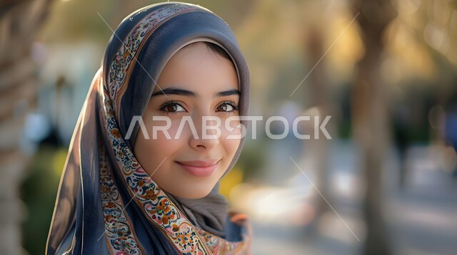 مفهوم الأنوثة والنعومة والاهتمام بالمظهر الخارجي، النظر الى الكاميرا بايماءات السرور والثقة بالنفس، صورة مقربة لامرأة عربية خليجية سعودية مبتسمة ترتدي الحجاب، حجابات نسائية عصريه حديثه