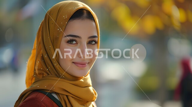 حجابات نسائية عصريه حديثه، مفهوم الأنوثة والنعومة والاهتمام بالمظهر الخارجي، النظر الى الكاميرا بايماءات السرور والثقة بالنفس، صورة مقربة لامرأة عربية خليجية سعودية مبتسمة ترتدي الحجاب