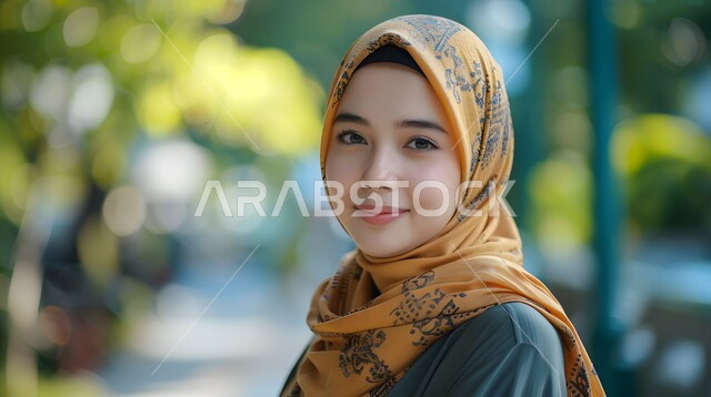 مفهوم الأنوثة والنعومة والاهتمام بالمظهر الخارجي، النظر الى الكاميرا بايماءات السرور والثقة بالنفس، صورة مقربة لامرأة عربية خليجية سعودية مبتسمة ترتدي الحجاب، حجابات نسائية عصريه حديثه