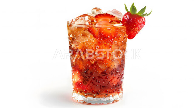كأس من عصير فاكهة الفراولة اللذيذة، عصائر صحية ومفيدة ومغذية، مشاريب طبيعية باردة شهية، ثمار ومحاصيل زراعية وطنية محلية سعودية، مشروبات فواكه موسمية منعشة، خلفية بيضاء