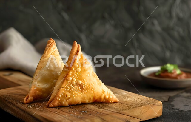 مقبلات رمضانية شهية، فطائر مقلية متنوعة الحشوات، أطباق رئيسية في سفرة إفطار شهر رمضان المبارك، وصفات المأكولات والأطعمة العربية الشرقية السعودية اللذيذة ، سمبوسك المقرمشة مع الخضراوت والصلصات على قطعة خشبية