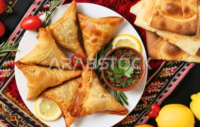 أطباق رئيسية في سفرة إفطار شهر رمضان المبارك، وصفات المأكولات والأطعمة العربية الشرقية السعودية اللذيذة ، طبق من السمبوسك المقرمشة مع الخضراوت والصلصات، مقبلات رمضانية شهية، فطائر مقلية متنوعة الحشوات