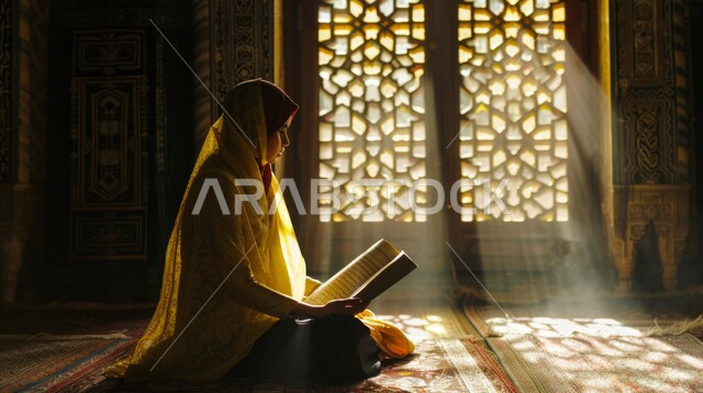 الجلسات الإسلامية الروحانية الهادئة في شهر رمضان المبارك، حفظ وقراءة القرآن الكريم، الاجتهاد بالطاعة والتقرب الى الله, إمرأة عربية خليجية سعودية ترتدي العباءة والحجاب تحمل بيدها المصحف الشريف