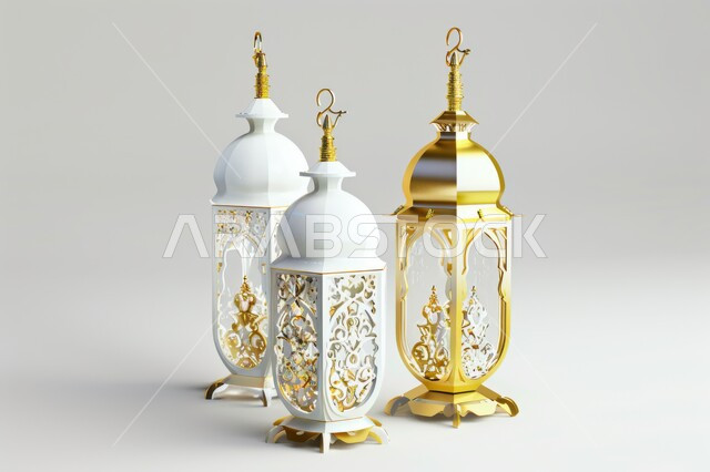  إضاءة وزينة شهر رمضان المبارك، فوانيس عربية معدنية مزخرفة باللون الذهبي والأبيض، مصابيح وأنوار في الأجواء الرمضانية الروحانية، فوانيس وتحف اسلامية تقليدية للاحتفال بقدوم شهر الخير، خلفية بيضاء