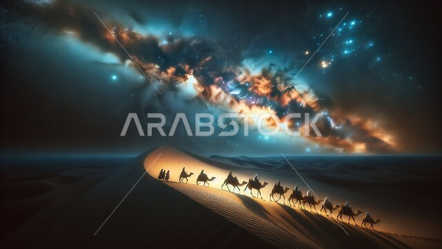 مشهد لمجرة درب التبانة والنجوم اللامعة في السماء فوق المناظر الطبيعية في الصحاري، حيوانات التنقل والسفر في القدم، قافلة من الابل تسير وسط الكثبان الرملية و المناطق الصحراوية في المملكة العربية السعودية