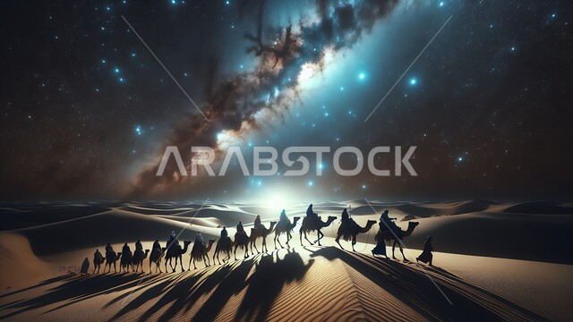 قافلة من الابل تسير وسط الكثبان الرملية و المناطق الصحراوية في المملكة العربية السعودية، مشهد لمجرة درب التبانة والنجوم اللامعة في السماء فوق المناظر الطبيعية في الصحاري، حيوانات التنقل والسفر في القدم